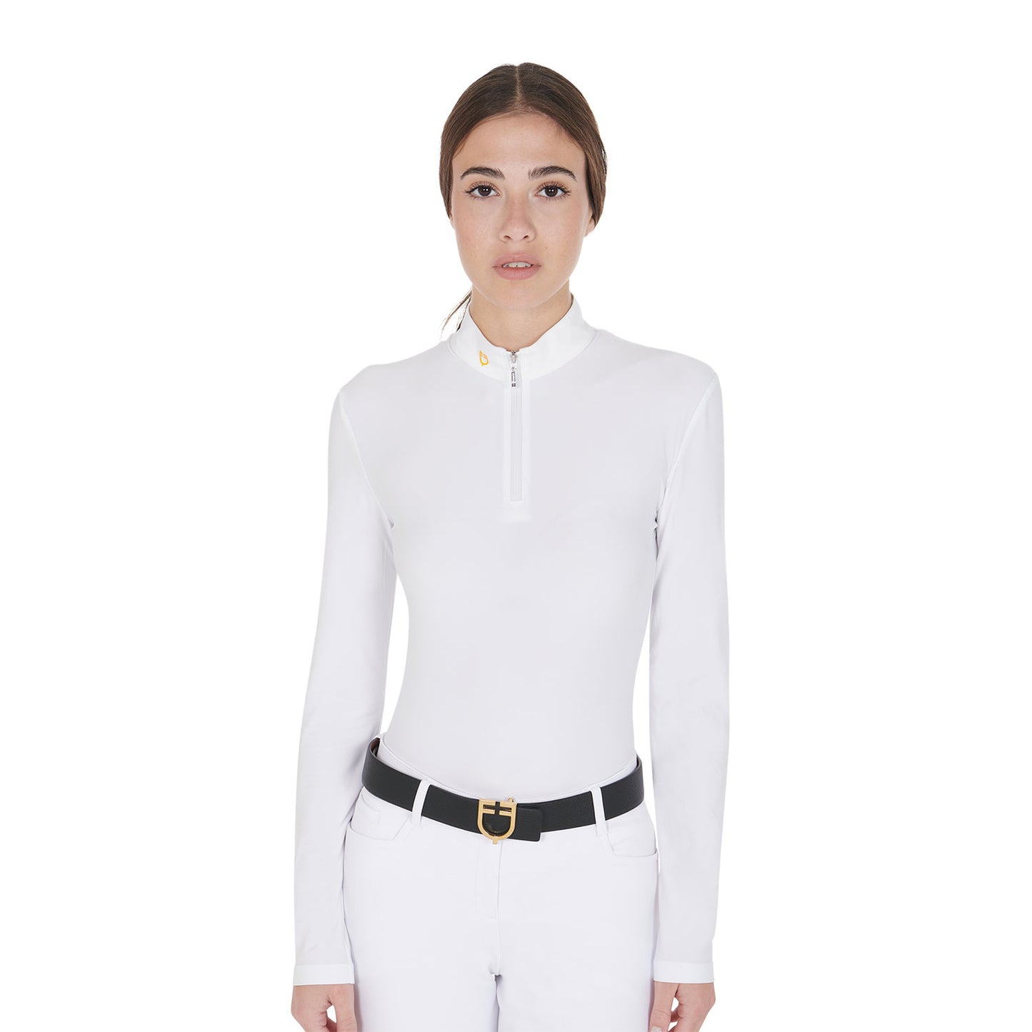 Women's long sleeved polo shirt in technical fleece fabric