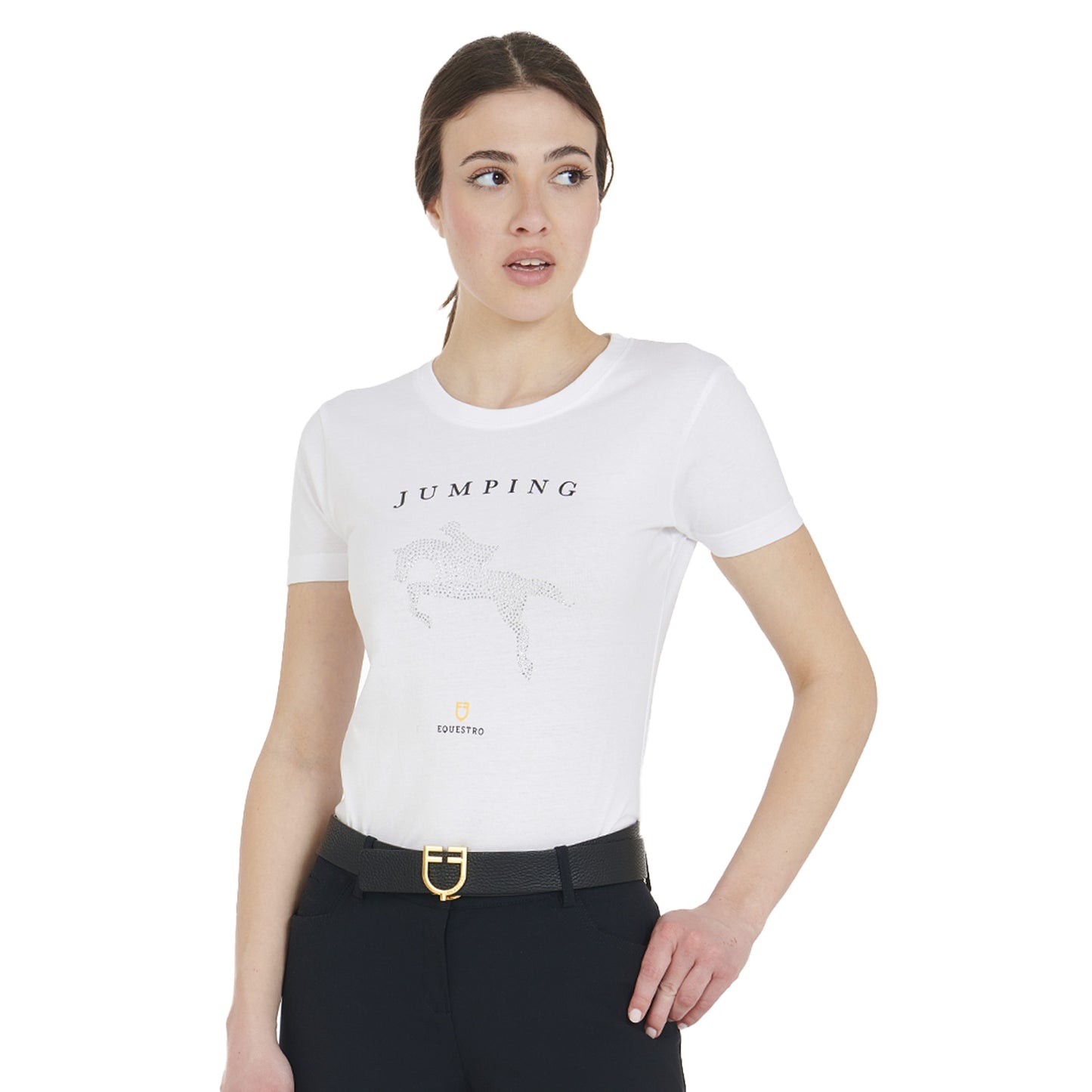 Women's slim fit t-shirt jumping with rhinestone