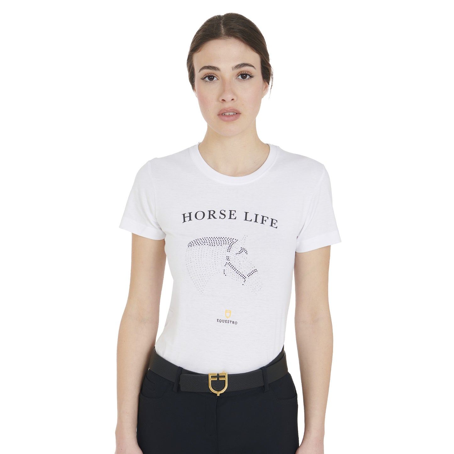 Women's slim fit t-shirt horse life with rhinestone