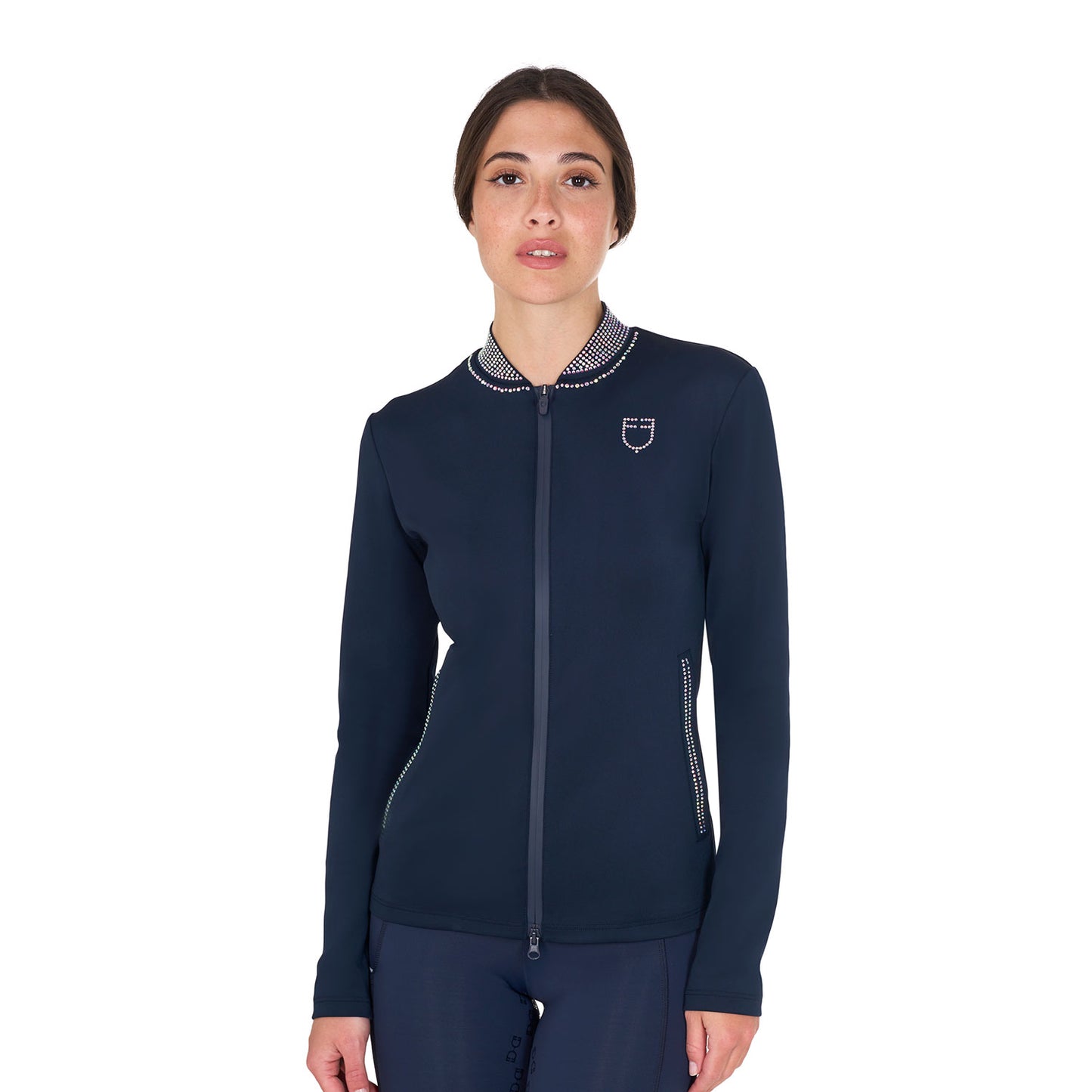 Women's technical sweatshirt with zip and rhinestones