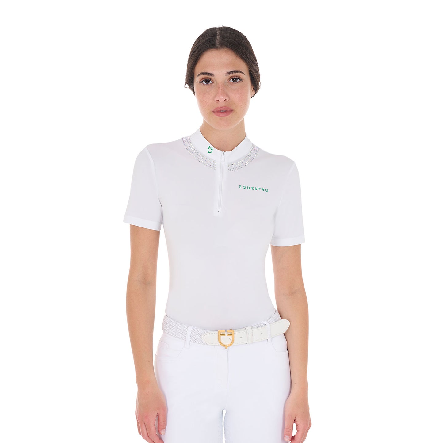 Women's slim fit competition polo shirt with collar rhinestones