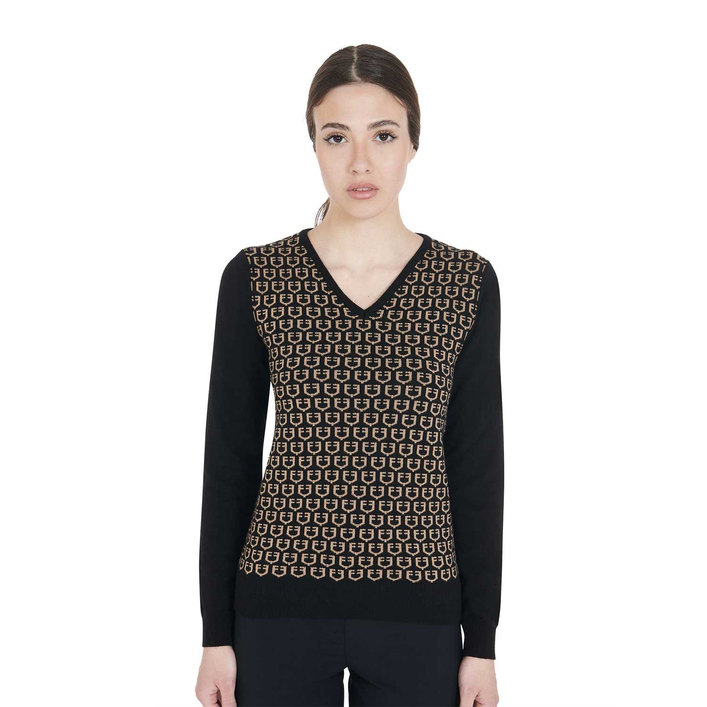Women's V-neck sweater with contrasting logos