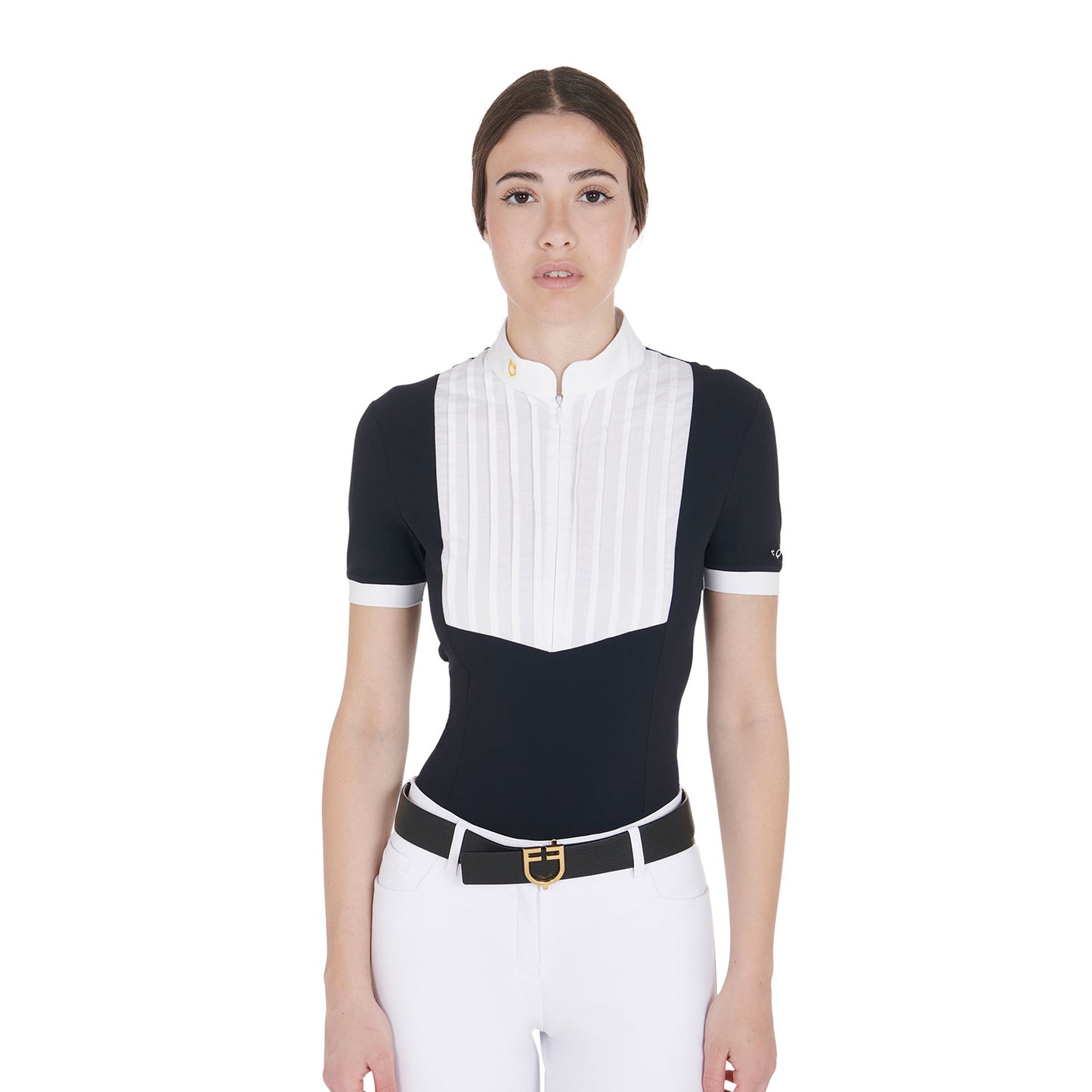 Women's slim fit pleated cotton polo shirt