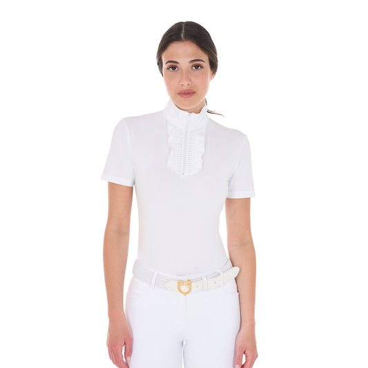 Women's slim fit competition polo shirt with ruffles and rhinestones