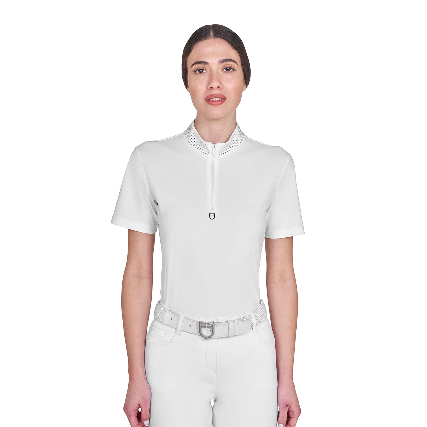 Women's slim fit training polo shirt with zip and collar rhinestones