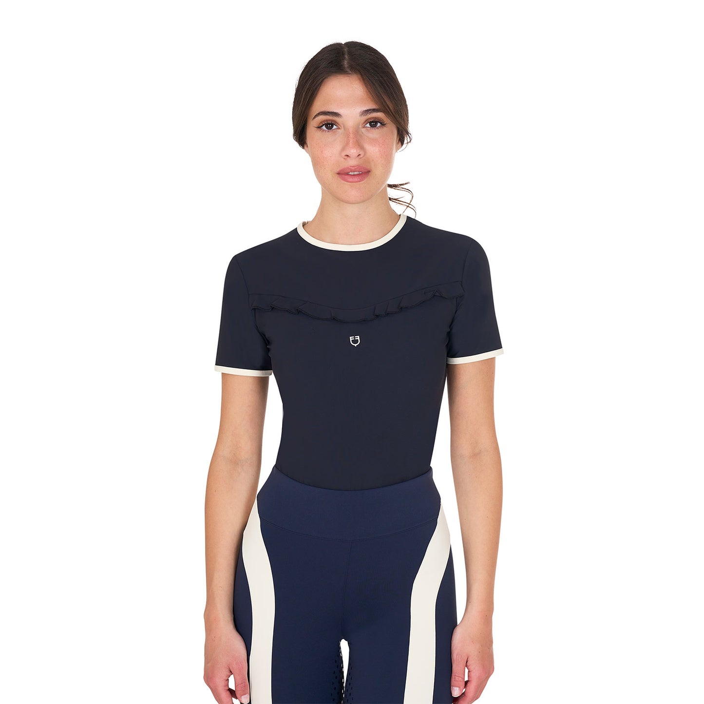 Women's slim fit training T-shirt with chest ruffles