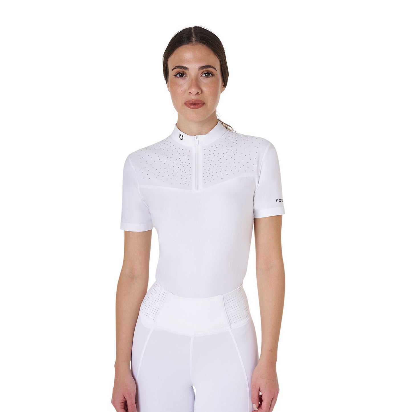 Women's short-sleeved competition polo shirt with front rhinestones