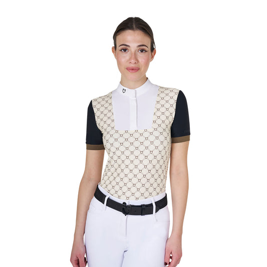 Women's short-sleeved competition polo shirt with monogram print