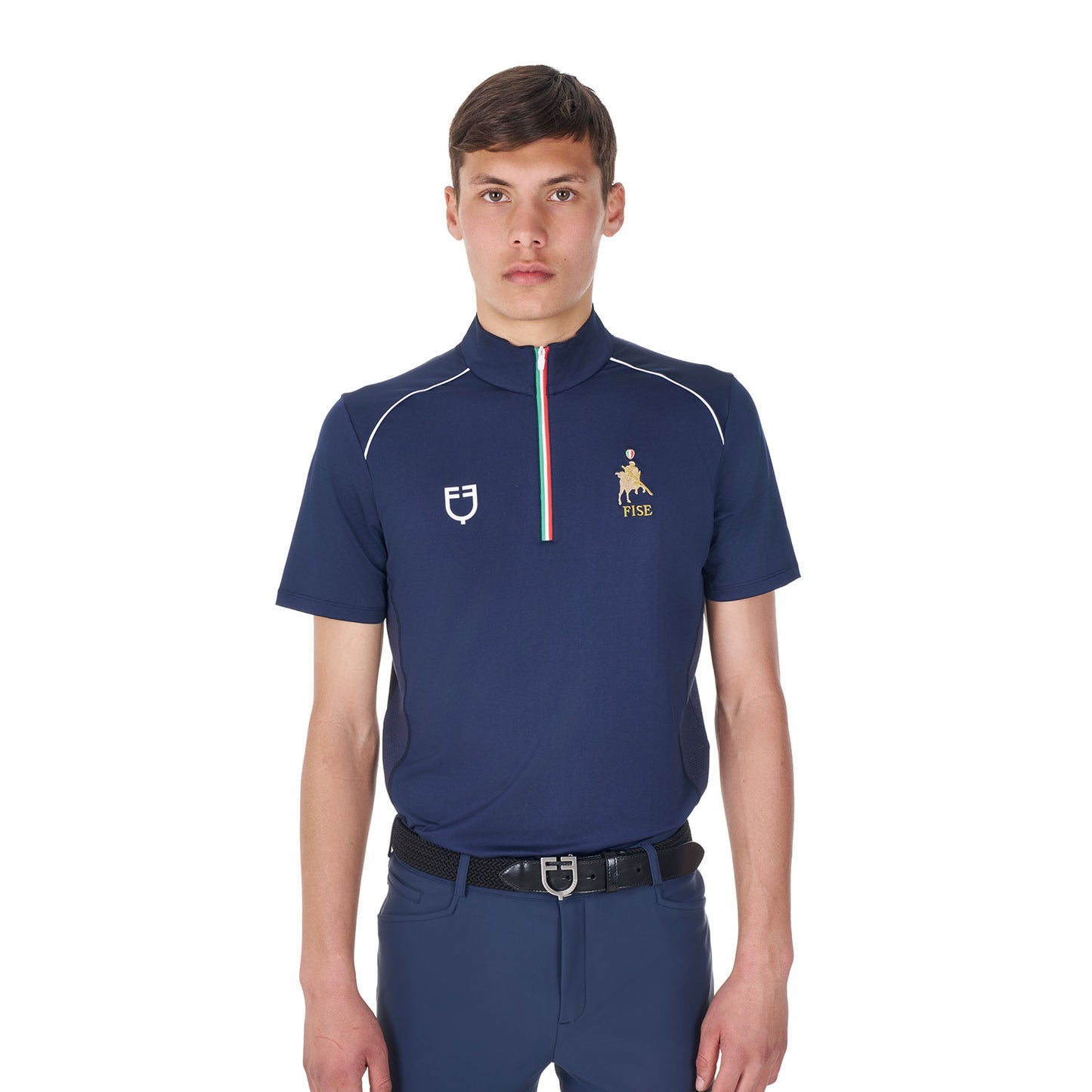 Men's training polo shirt with Italian flag zip Equestro X FISE